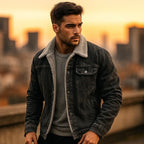Man wearing a denim jacket with a blurred cityscape background