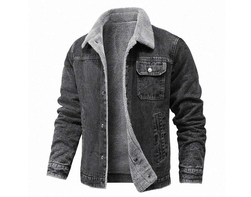 Denim jacket with gray fleece lining on a white background