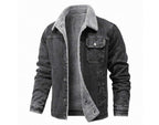 Denim jacket with gray fleece lining on a white background