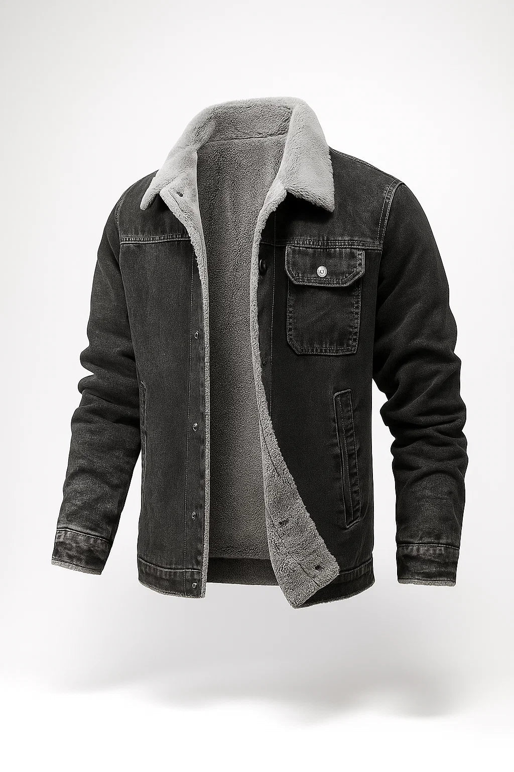 Black denim jacket with gray shearling collar on a white background