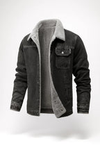 Black denim jacket with gray shearling collar on a white background
