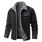 Black denim jacket with gray fleece lining on a white background