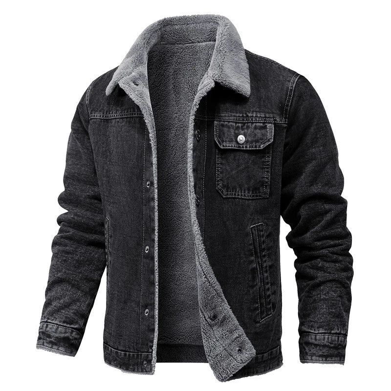 Black denim jacket with gray fleece lining on a white background