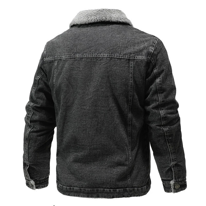 Black denim jacket with gray fur collar on a white background