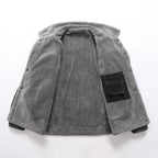 Gray fleece jacket with a hood on a white background