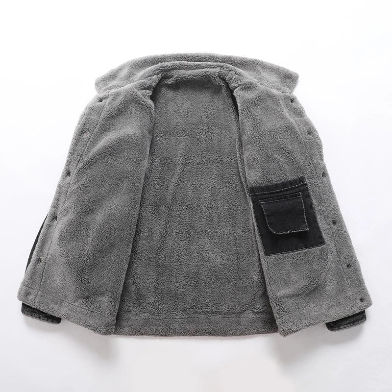 Gray fleece jacket with a hood on a white background