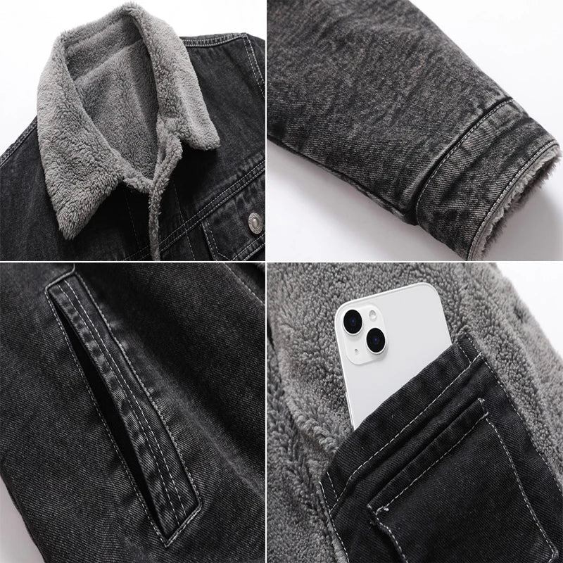 Collage of a black denim jacket with gray fleece collar, stitching details, and a pocket with a phone.