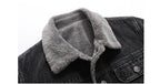 Black denim jacket with gray fleece collar on a white background