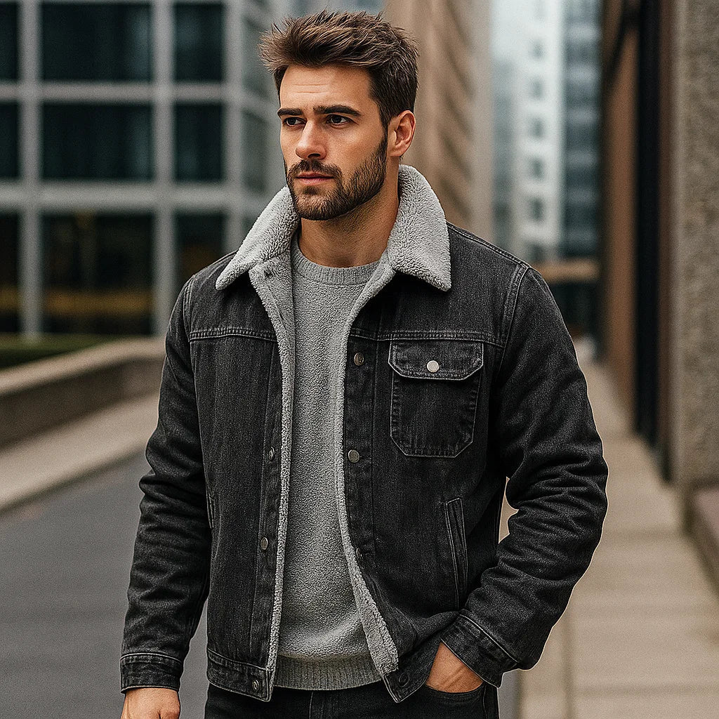 Man wearing a dark denim jacket with gray fleece lining in an urban setting