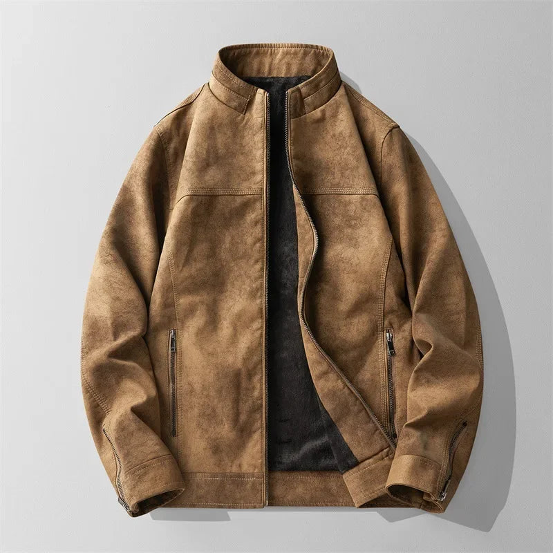 Brown leather jacket on a light gray background