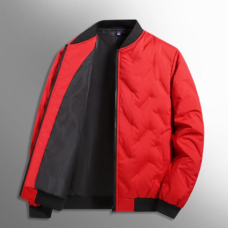 Red and black quilted jacket on a gray background