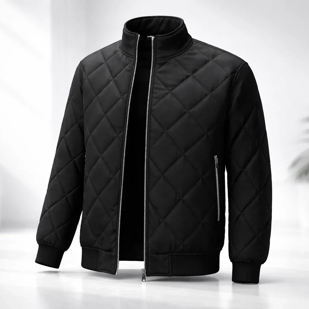 Black quilted jacket on a white background