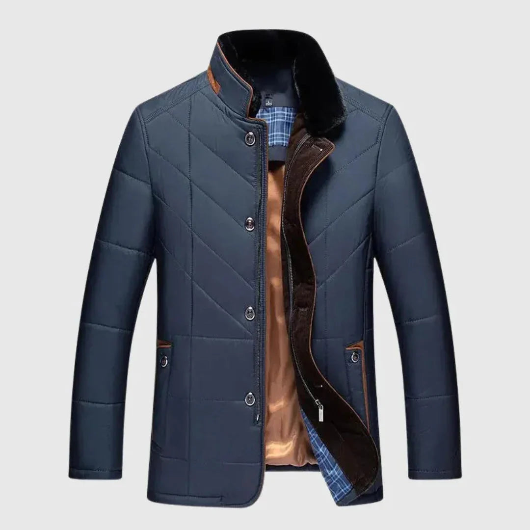 Blue quilted jacket with plaid lining on a light gray background