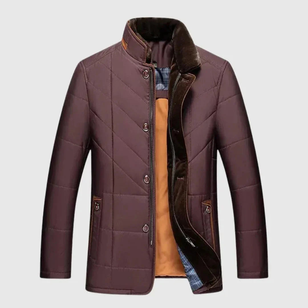 Purple quilted jacket with brown collar on a light gray background