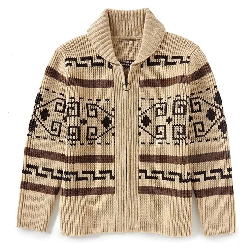 Beige sweater with black geometric patterns on a white background