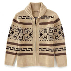 Beige sweater with black geometric patterns on a white background