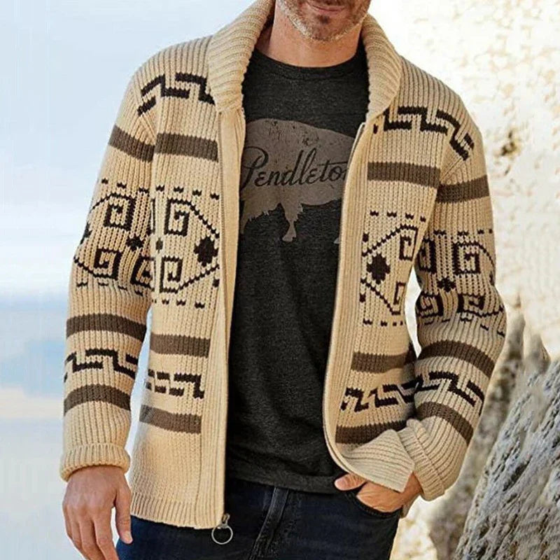 Man wearing a Pendleton patterned cardigan with a black shirt underneath, standing outdoors.