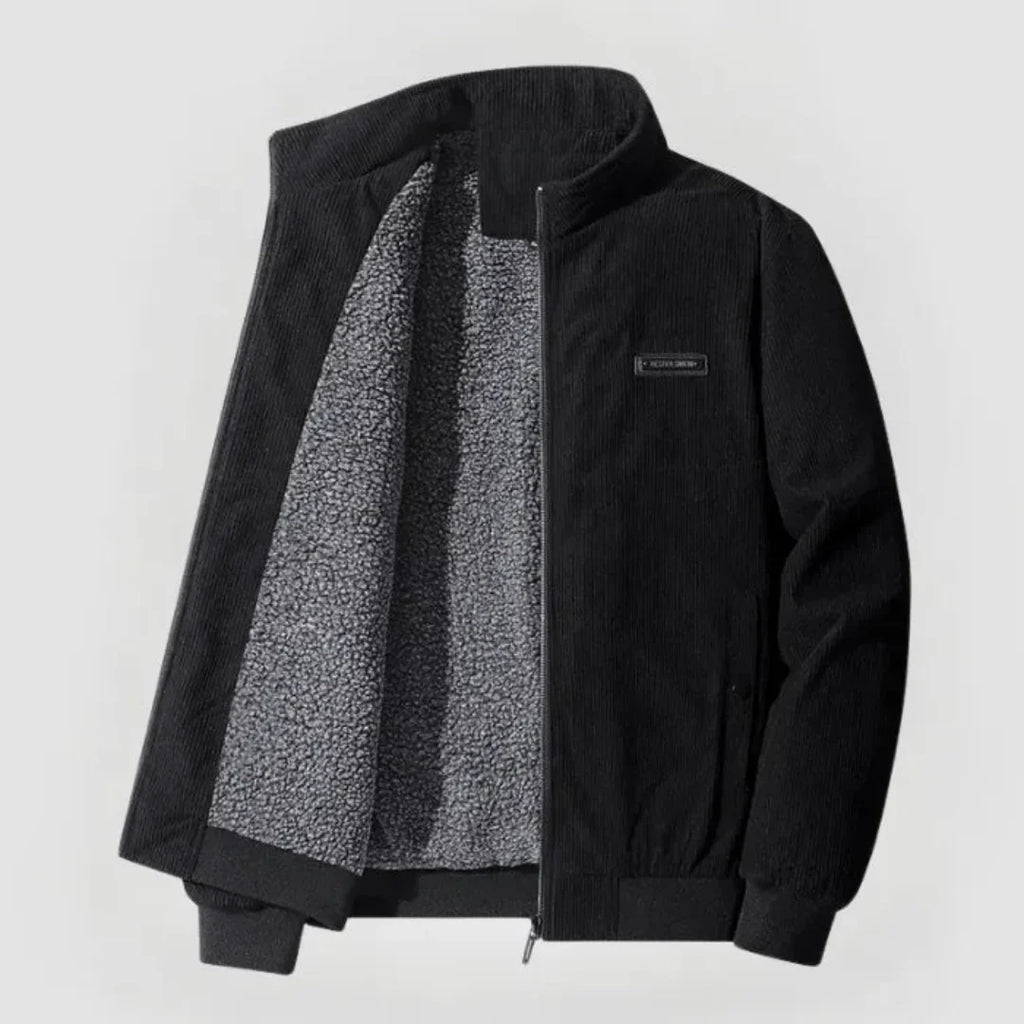 Black jacket with gray fleece lining on a white background