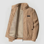 Beige corduroy jacket with sherpa lining on a light gray background