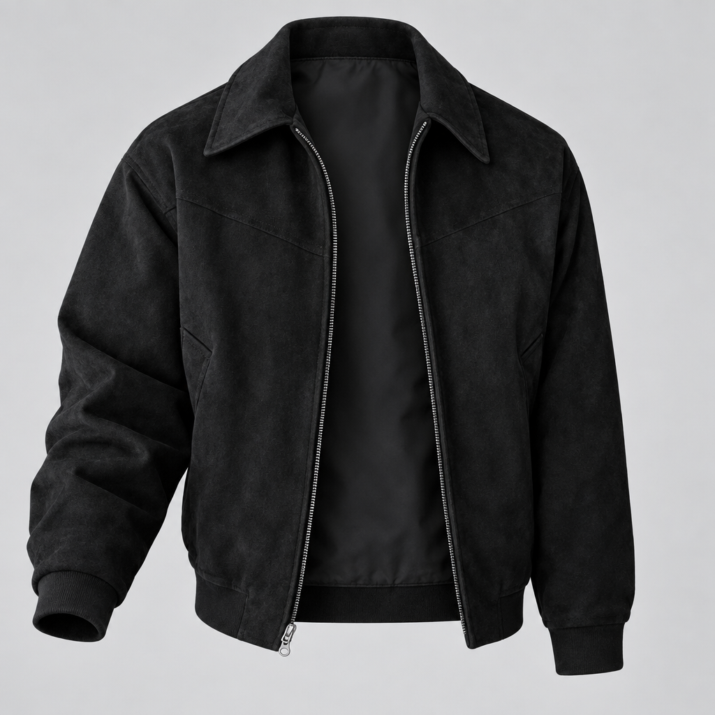 A black suede-textured zip-up jacket with a pointed collar, ribbed cuffs, and a ribbed hem, shown on a neutral light gray background.