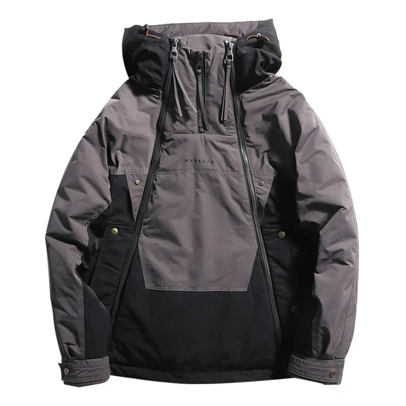 Gray and black jacket with a hood on a white background