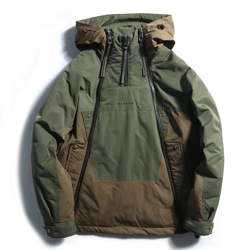 Green and brown jacket with a brand logo on a white background