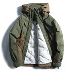 Green and brown jacket with white lining on a white background