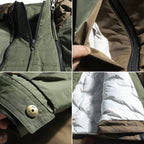 Collage of close-up details of a jacket including zipper, fabric texture, button, and padding.
