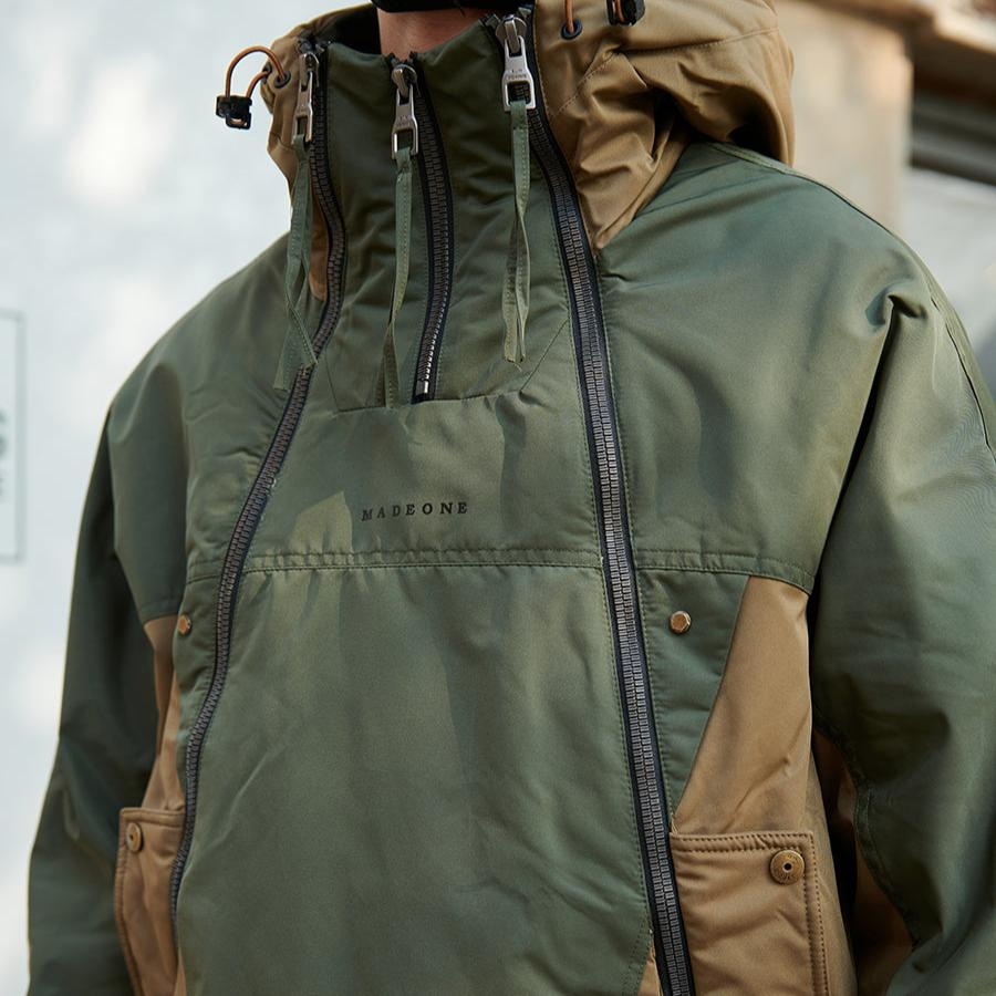 Green and brown jacket with 'Harrington' branding on a blurred background