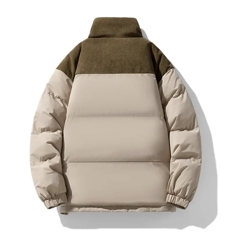 Two-tone puffer jacket with brown and beige colors on a white background