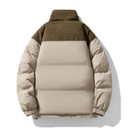 Two-tone puffer jacket with brown and beige colors on a white background