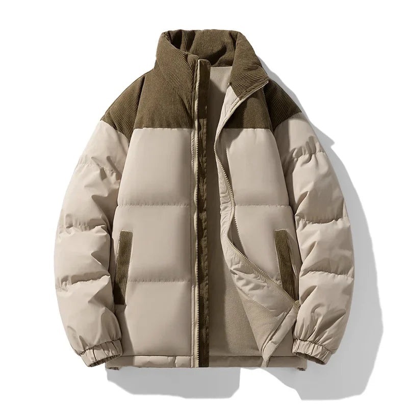 Beige and brown puffer jacket on a white background