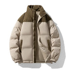 Beige and brown puffer jacket on a white background
