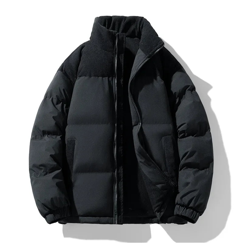Black puffer jacket on a white background