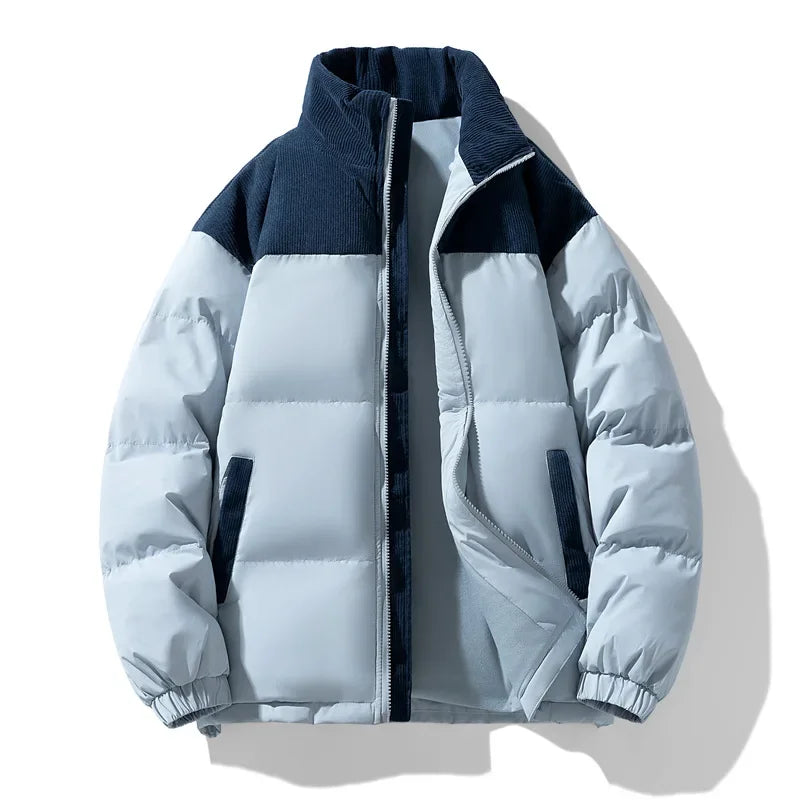 Light blue puffer jacket with navy accents on a white background
