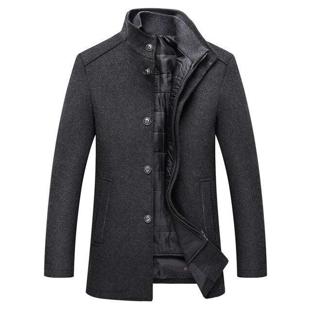 Dark gray coat with buttons on a white background