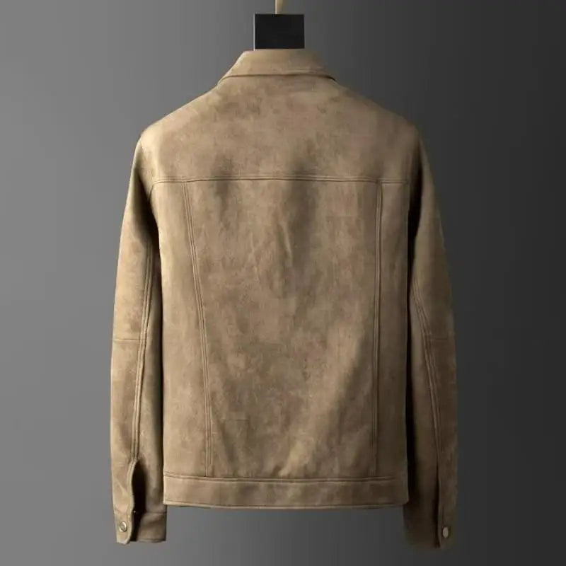Brown leather jacket on a mannequin against a gray background