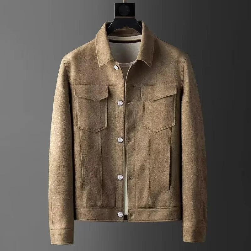 Brown suede jacket on a hanger against a gray background