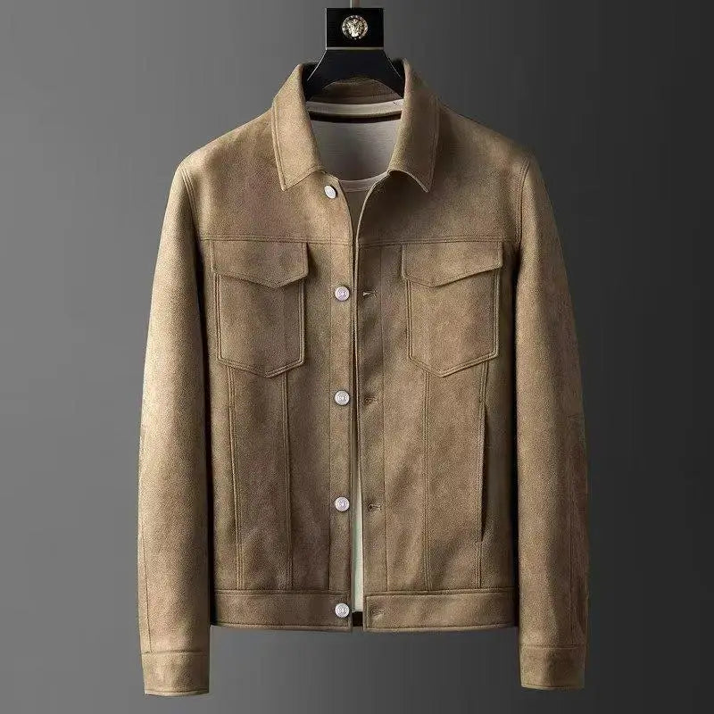 Brown suede jacket on a dark gray background