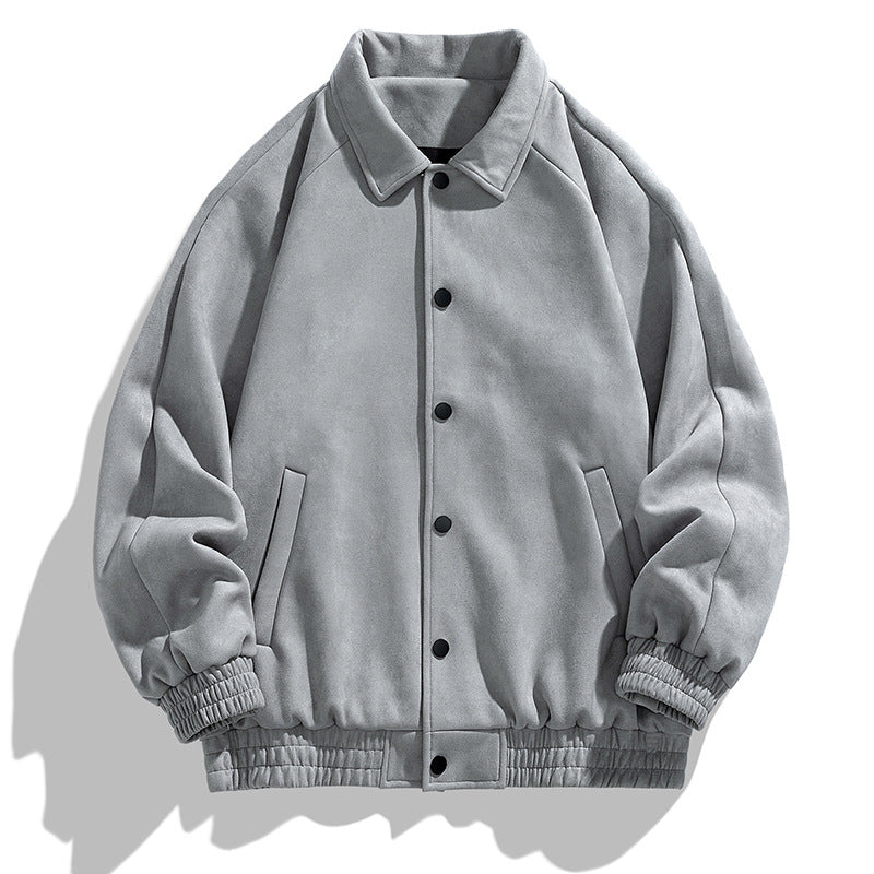 Gray varsity jacket with button details on a white background