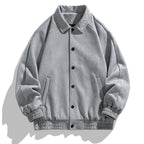 Gray varsity jacket with button details on a white background