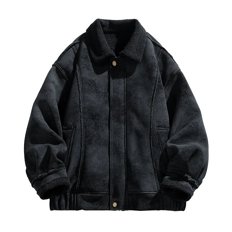 Black jacket with a fur collar on a white background