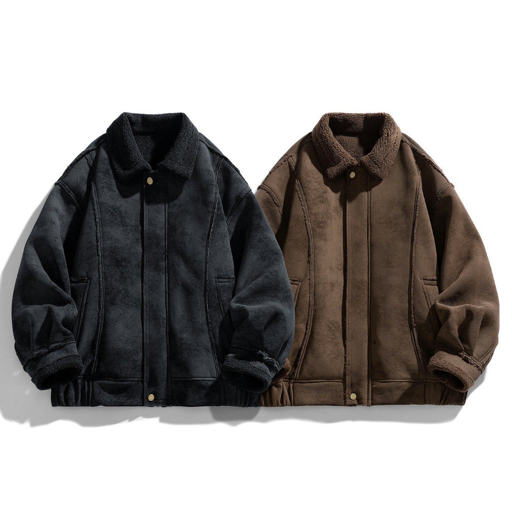 Two jackets, one black and one brown, on a white background