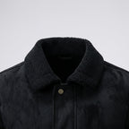 Close-up of a black coat with a textured collar on a white background