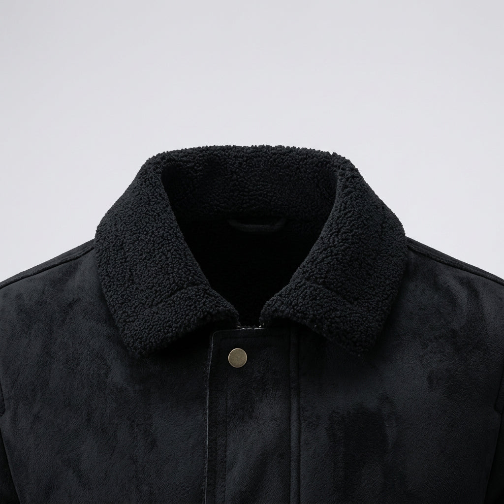 Close-up of a black coat with a textured collar on a white background