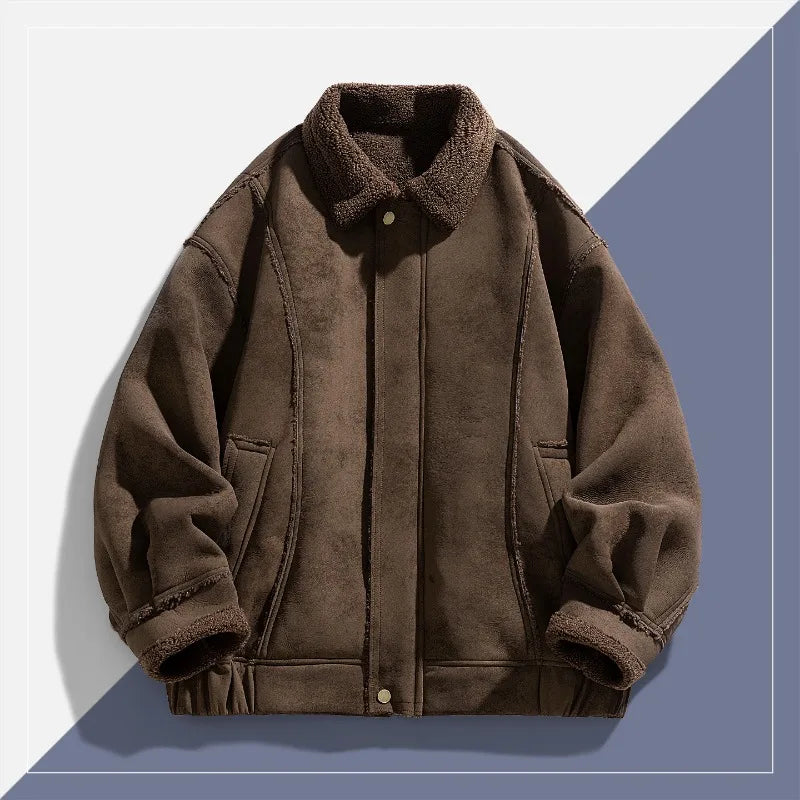 Brown fleece jacket with a textured collar on a white and blue background