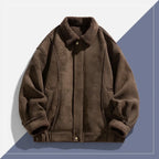 Brown fleece jacket with a textured collar on a white and blue background