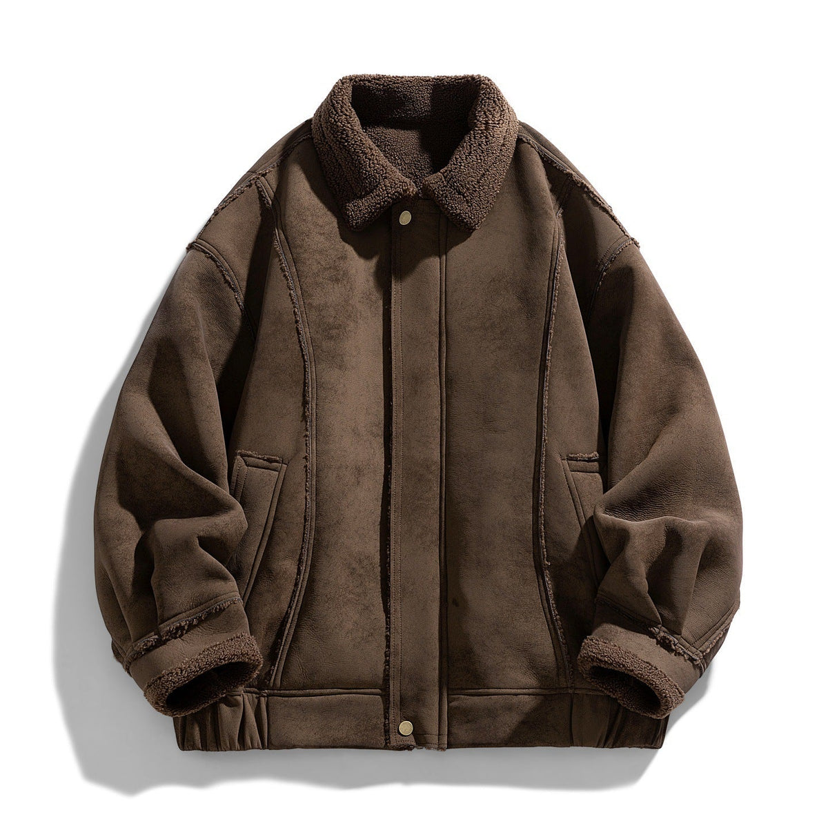 Brown jacket with sherpa lining on a white background
