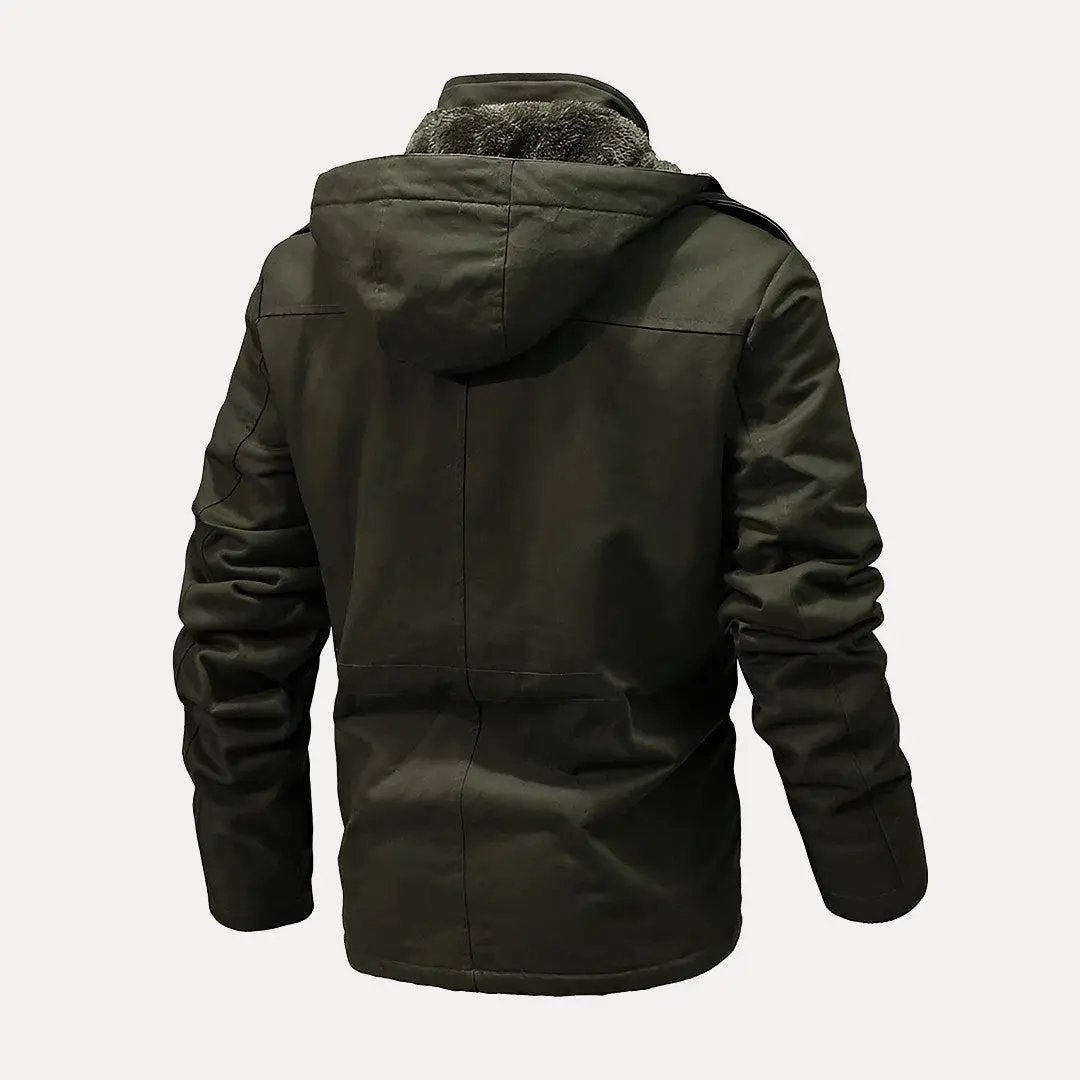 Green jacket with fur-lined hood on a white background