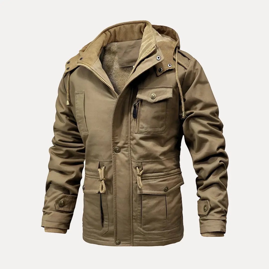 Khaki jacket with a hood on a white background